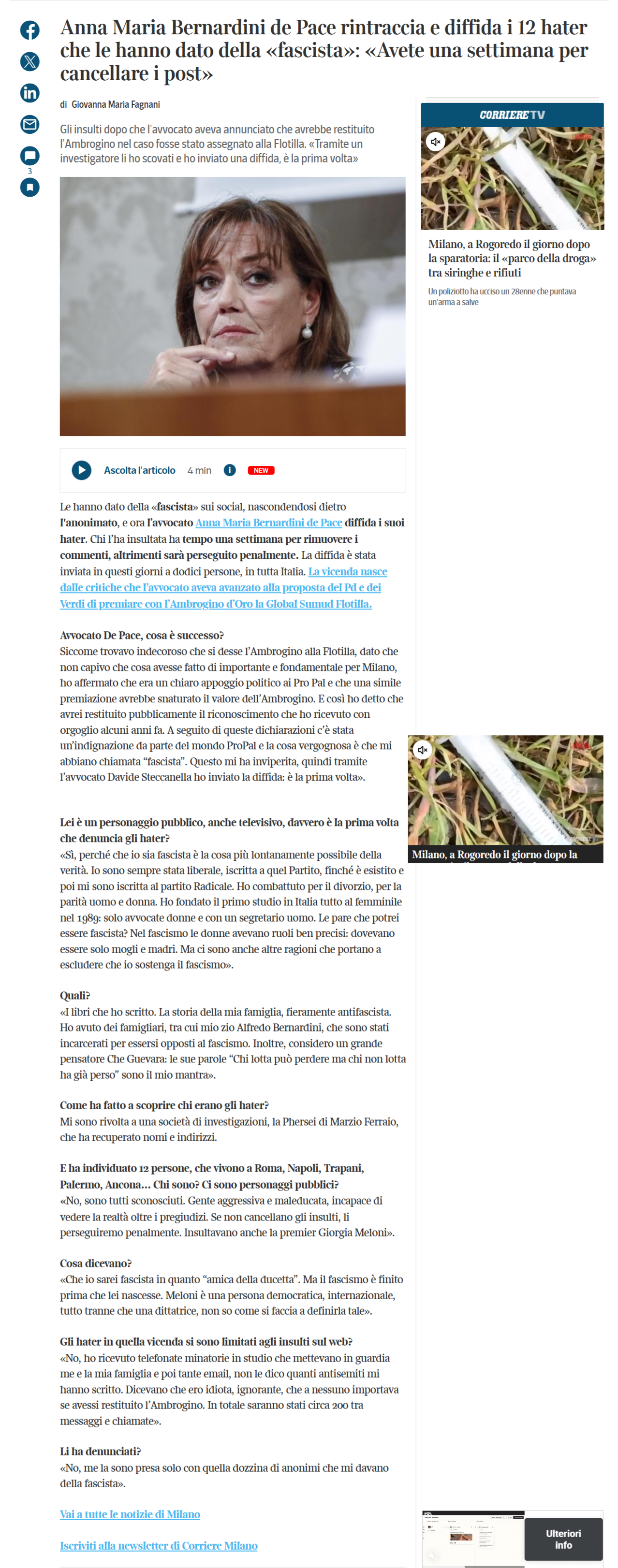Anna Maria Bernardini de Pace rintraccia e diffida i 12 hater